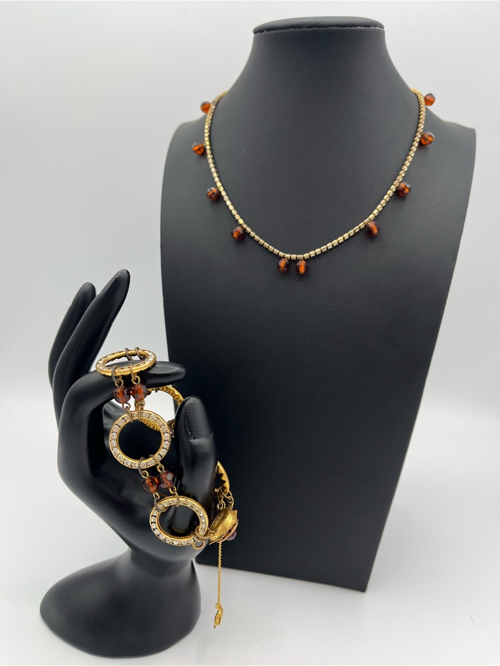 Signed Miriam Haskell Vintage Jewelry Set Gold Amber Rhinestone Demi-Parure